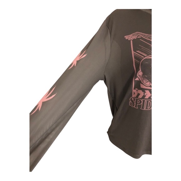 Marvel’s Spiderman Gwen olive green brown pink graphic print sheer mesh top sz L - Picture 13 of 16